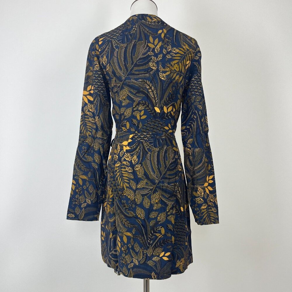 NWT Farm Rio Gold Blue Floral Forest Wrap Mini Dress Long Sleeve Size S - Picture 8 of 15